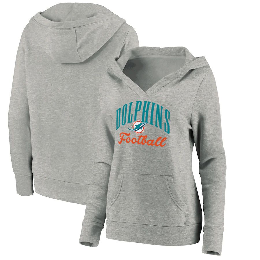 Women Miami Dolphins Fanatics Branded Heathered Gray Victory Script V-Neck Pullover Hoodie->women nfl jersey->Women Jersey